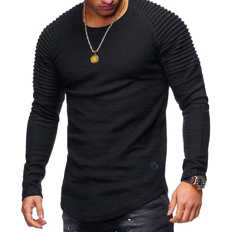 Round Neck Casual Plain Pleated Long Sleeve Men's T-shirt