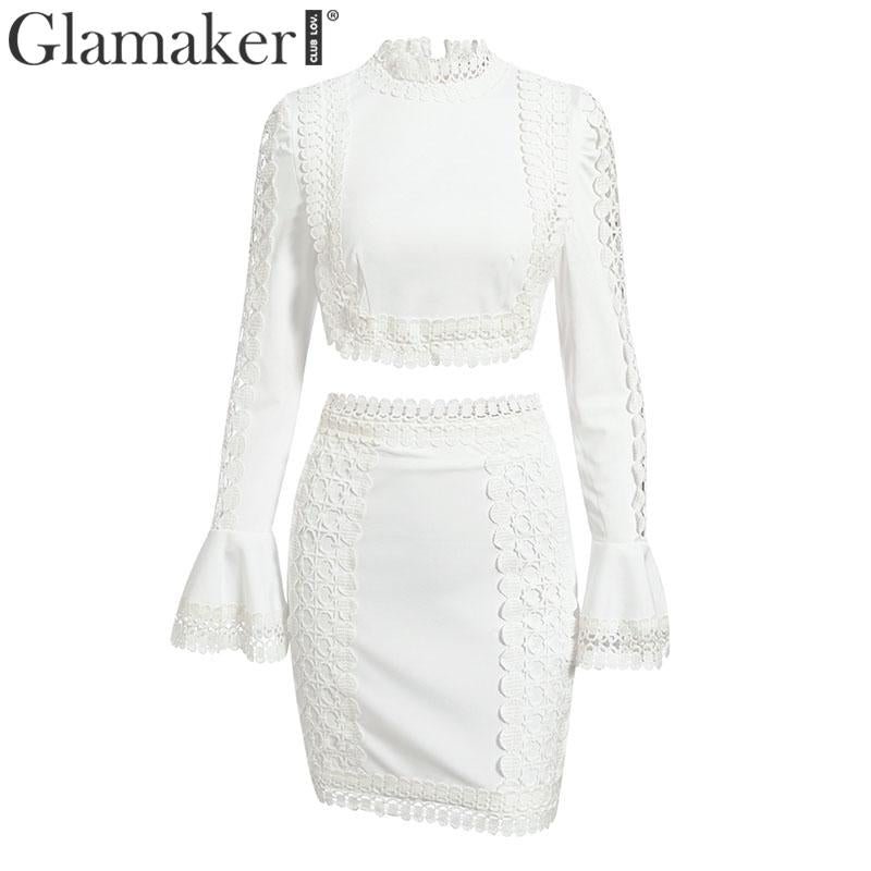 Glamaker Lace patchwork white bodycon mini dress Women flare sleeve crop summer dress 2020 Elegant short sexy party club dress