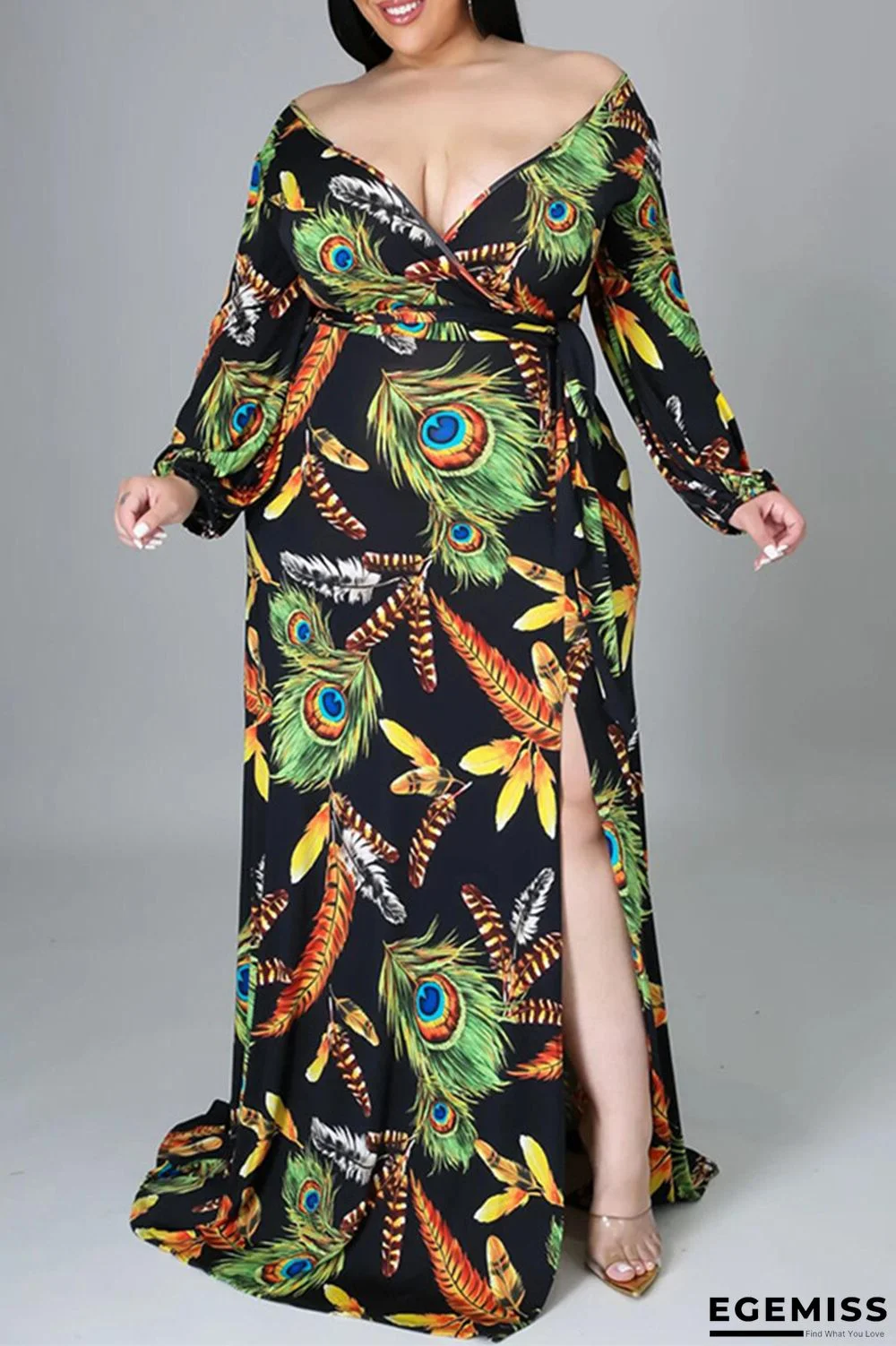 Black Fashion Sexy Print Slit V Neck Long Sleeve Plus Size Dresses | EGEMISS