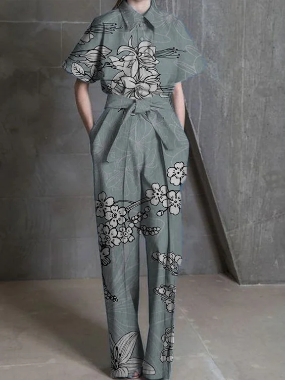 Printed Nipped Waist Vintage Shirt Jumpsuit
