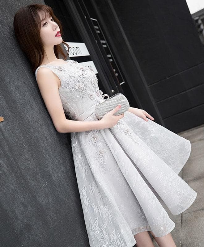 Gray Lace A Line Short Prom Dress, Gray Evening Dress