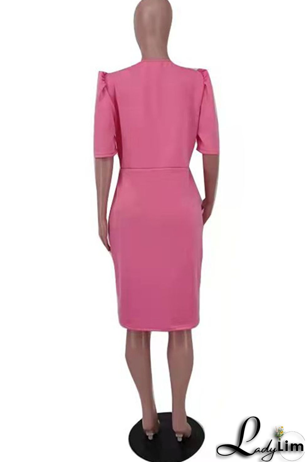 Pink Fashion Casual Plus Size Solid Basic O Neck Short Sleeve Dress (Without Belt)