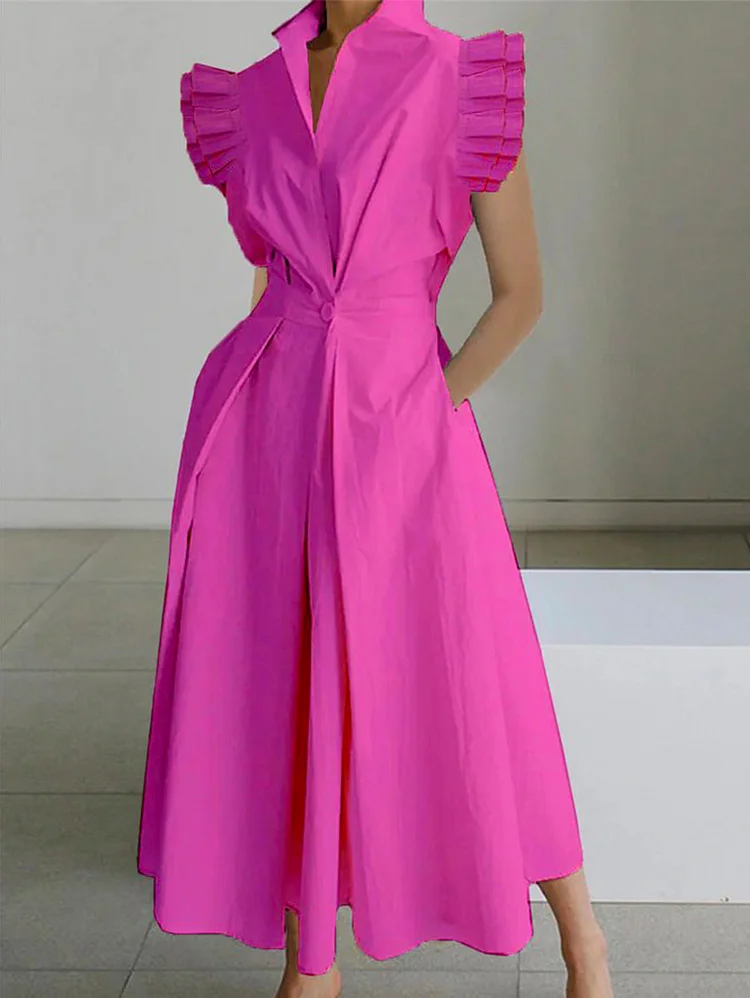 Elegant Plain Shirt Collar Flounce Sleeve Button Midi Tunic Dress