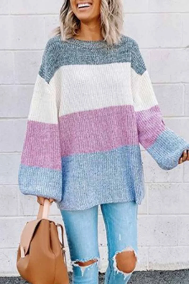 Abebey Contrast Striped Loose Round Neck Sweater