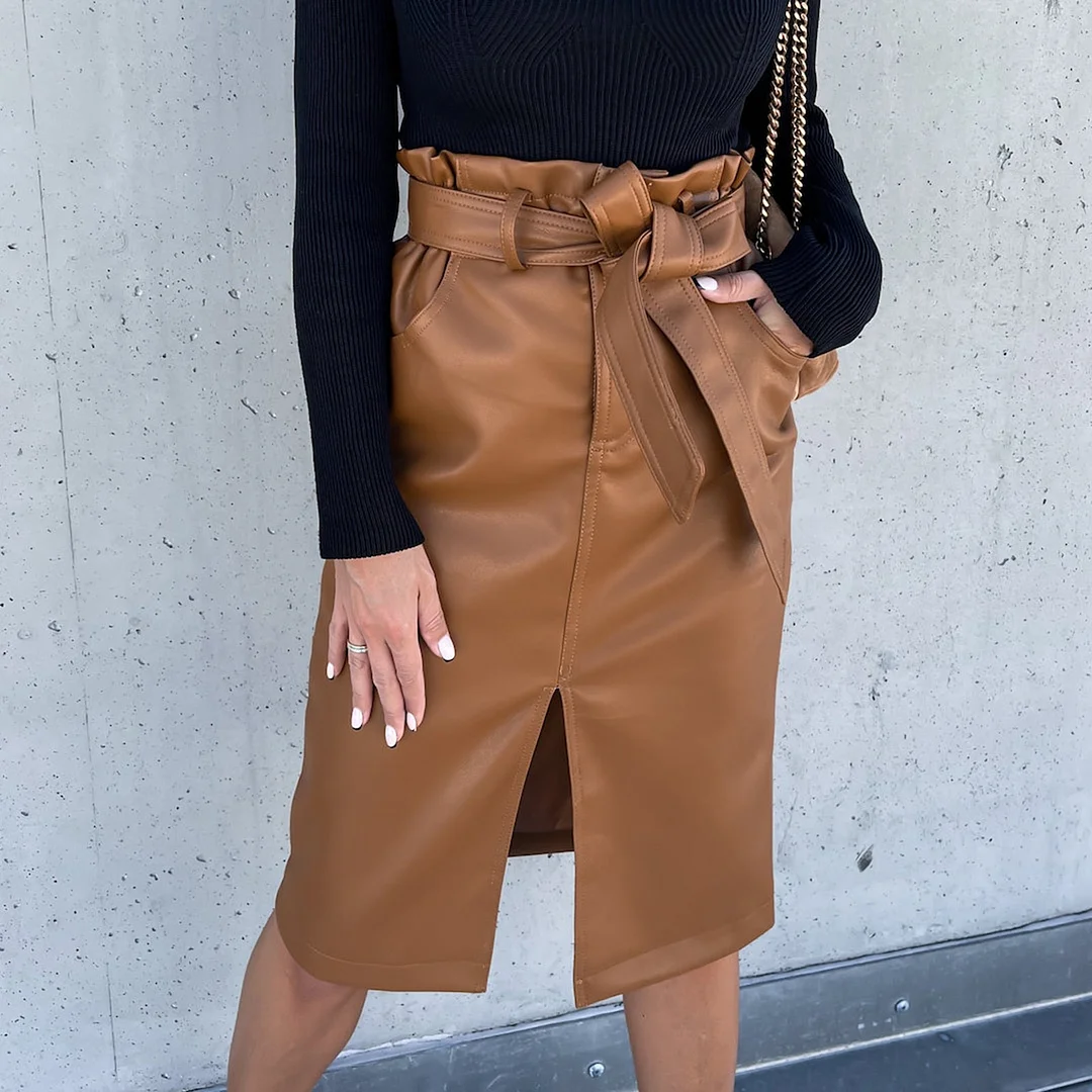 wsevypo Office Lady High Waist Drawstring Split PU Skirts Fashion Elegant Women's Faux Leather Wrap Bodycon Skirts Knee-Length