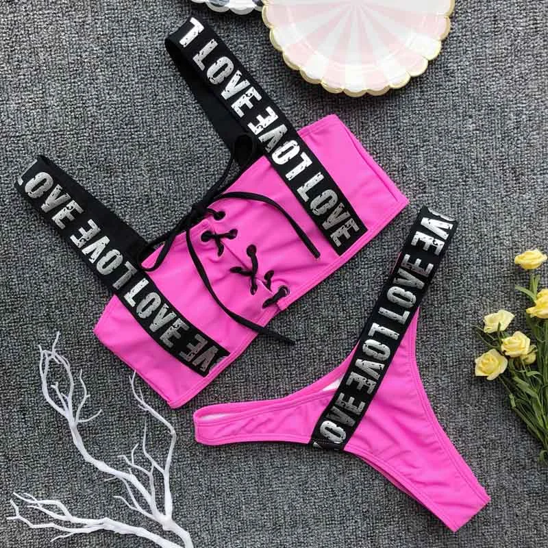Sexy Letter Brazilian Bikini 2021 New Mujer Swimwear Women Swimsuit Halter Push Up Bathing Suit Beach Wear Thong Biquini 3722