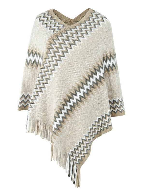 Women's V-neck Knit Shawl Fringed Hem Striped Stitching Sweater Top