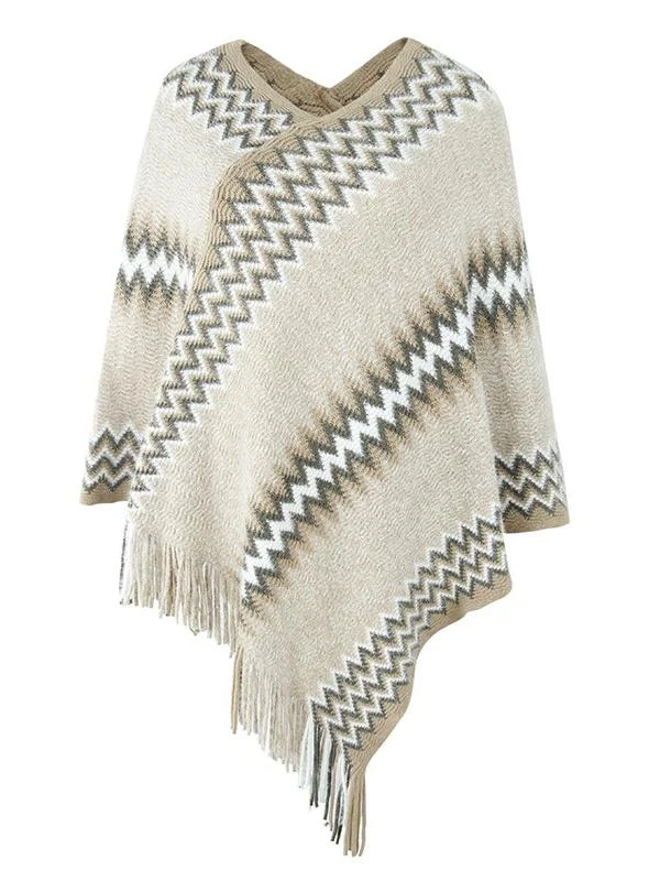 Women's V-neck Knit Shawl Fringed Hem Striped Stitching Sweater Top