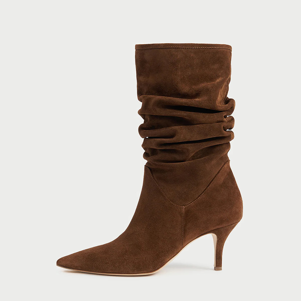 Brown Faux Suede Closed Toe Stiletto Heel Mid-Calf Slouch Boots Nicepairs
