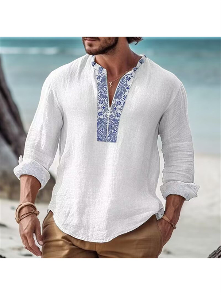 Men's Solid Color Cotton Linen Street Loose Printed Casual Wristband Pockets Casual Long Sleeve V-neck Pullover Shirt