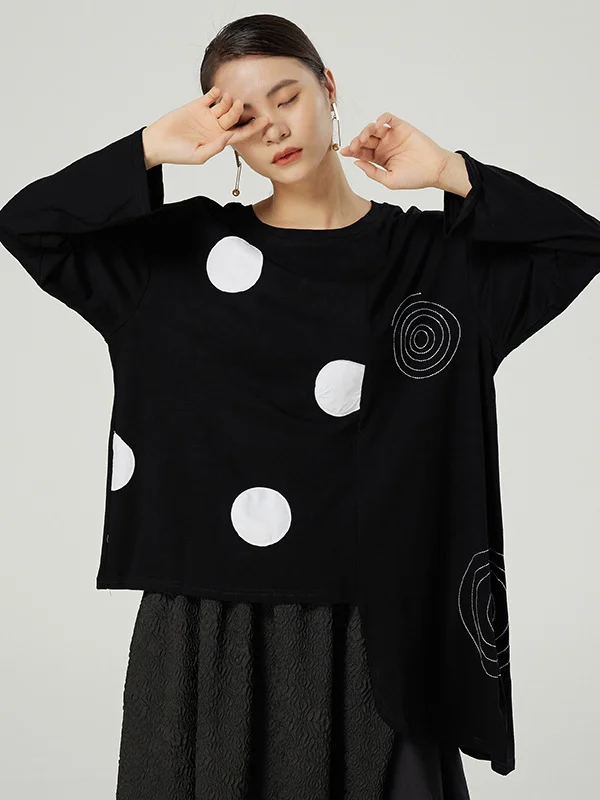 Stylish Asymmetric Polka-Dot Round-Neck Long Sleeves T-Shirt Tops