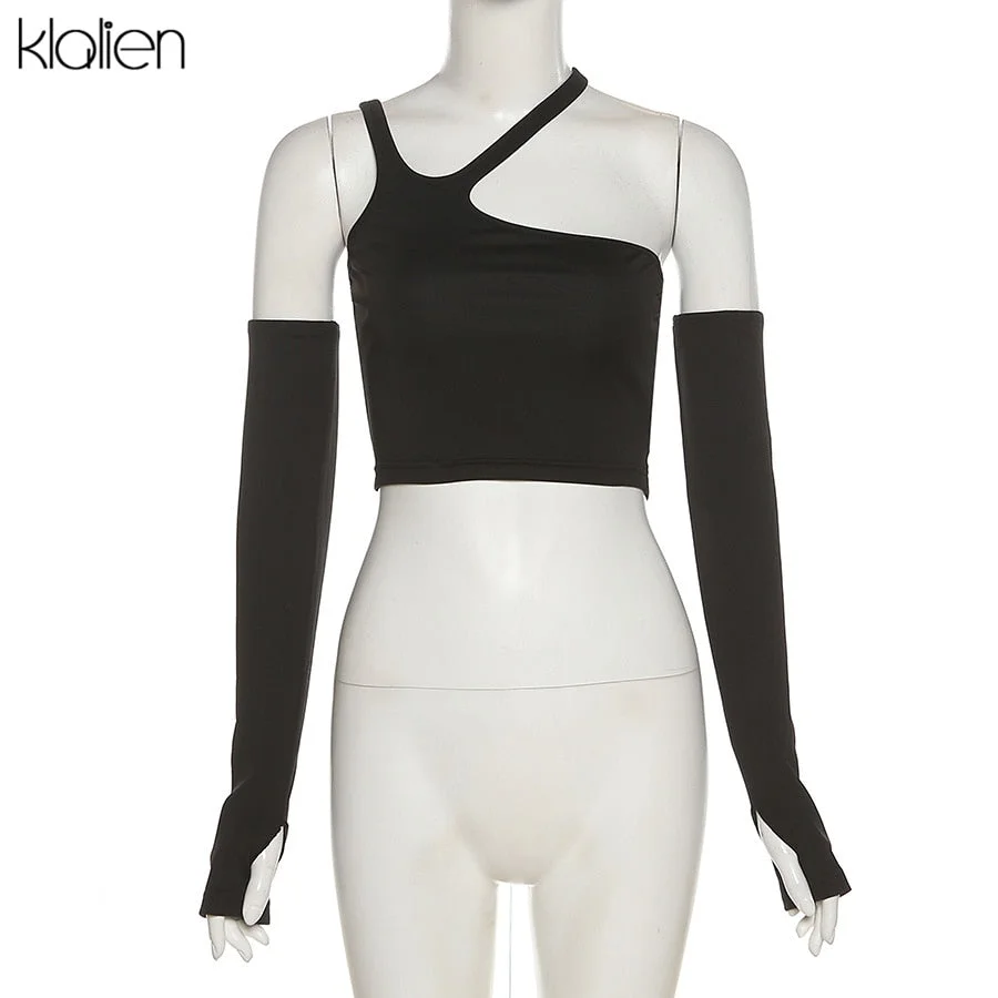 KLALIEN Fashion Casual Slim Solid Black Removable Sleeves Halter T Shirt For Women Autumn New Streetwear Wild Basic Female Top