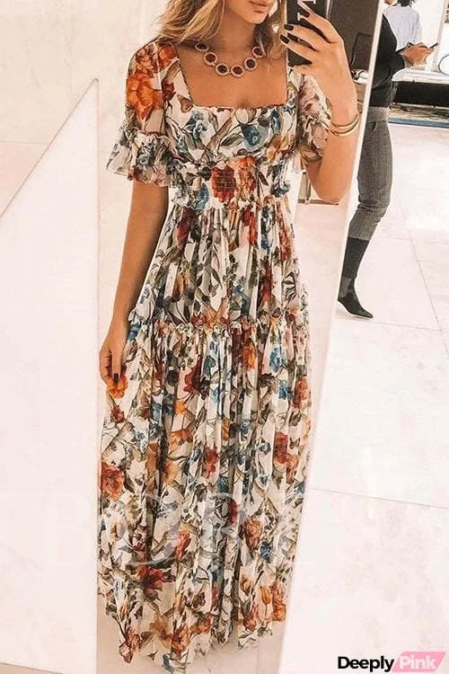 Floral Square Neck Short Sleeve Maxi Dress