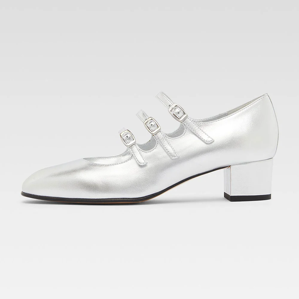 Women's Strappy Mary Jane Block Heel Silver Pumps with Buckle