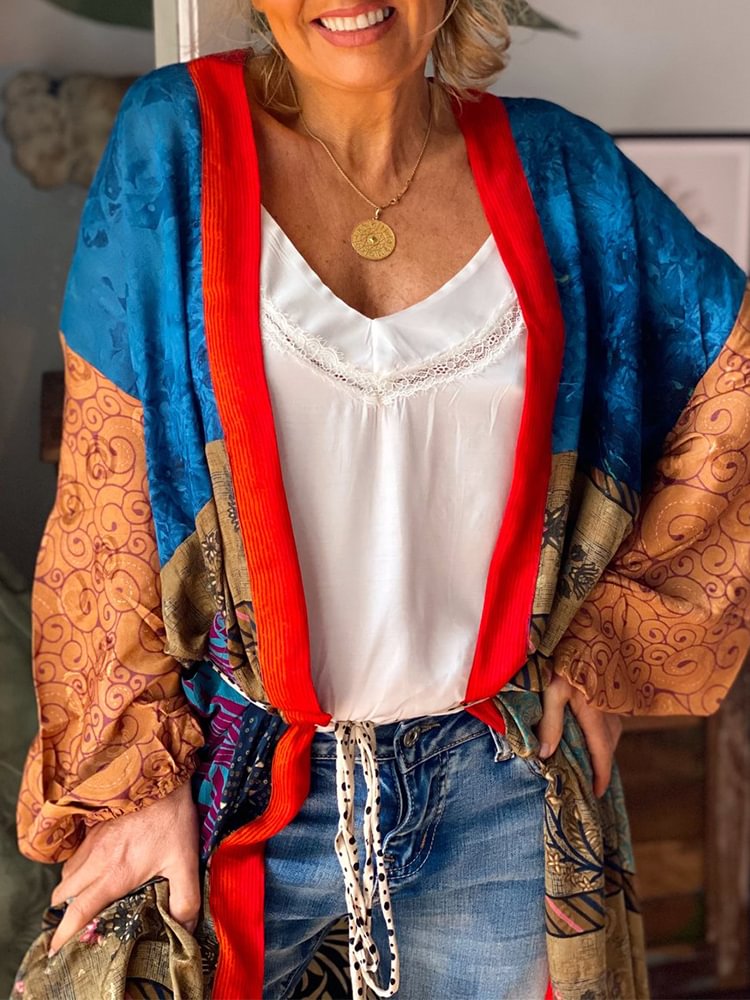 Women Oversized Casual Splicing Printed Long Kimono P176487602