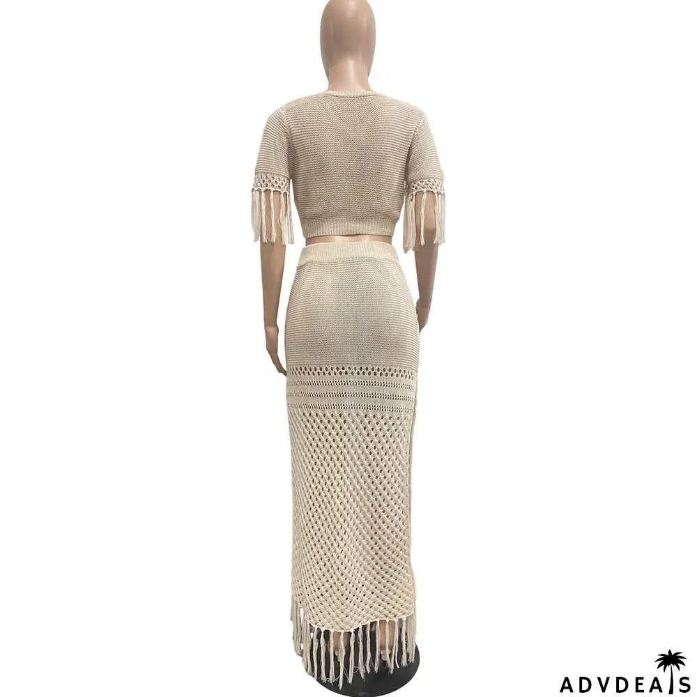 Ladies Casual Sexy Split Woolen Crochet Knitting Tassel Two-Piece Set