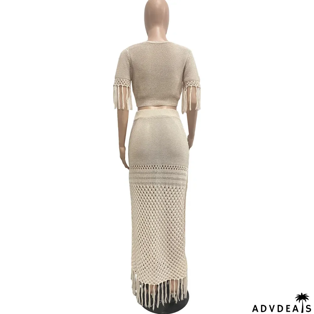 Ladies Casual Sexy Split Woolen Crochet Knitting Tassel Two-Piece Set