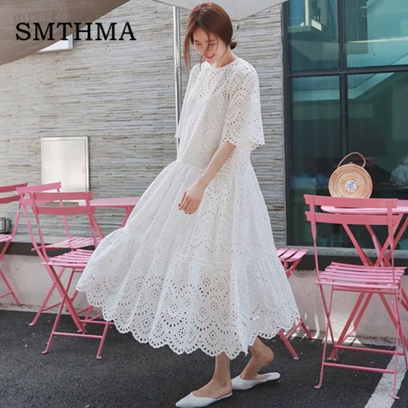 SMTHMA 2022 New Hollow Out Lace Dress Summer Elegant Beach Dress Female With Spaghetti Strap Vest +Summer Dresses Two Piece Set