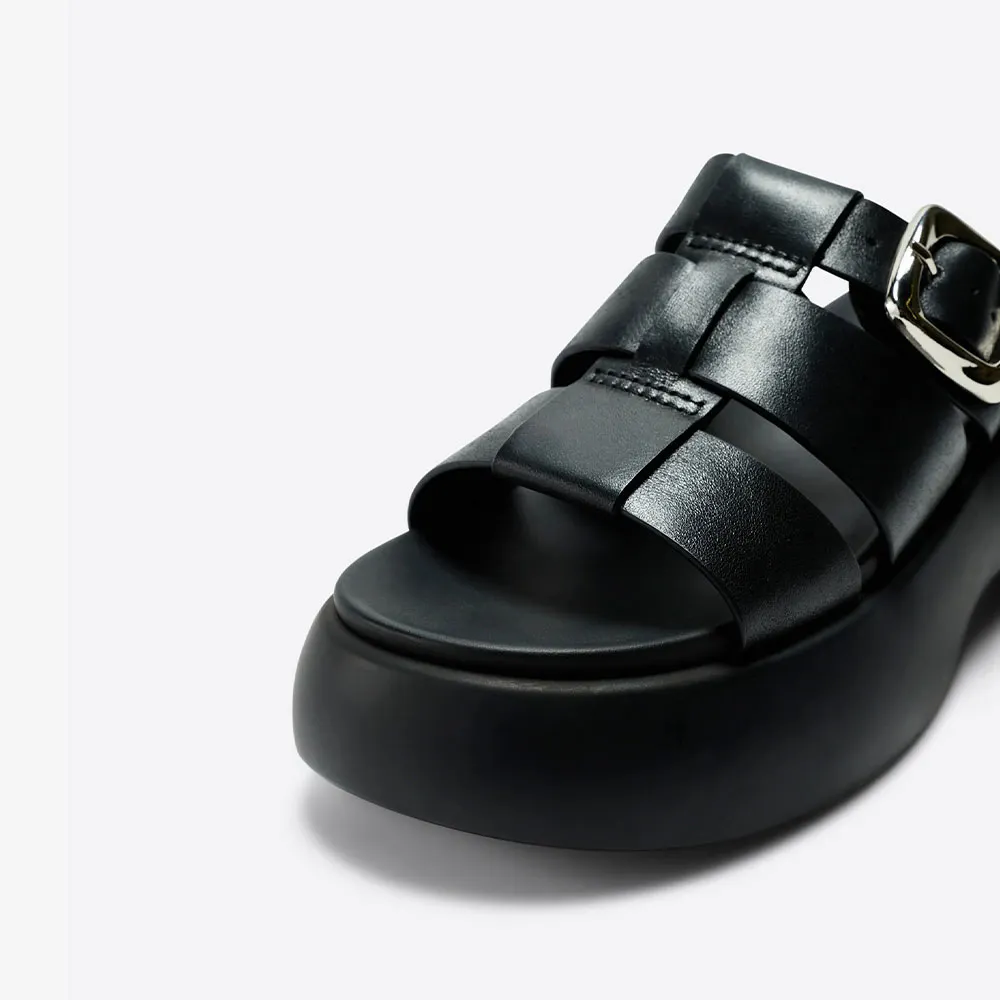 Black Open Round Toe Chunky Heel Buckle Strappy Platform Mules