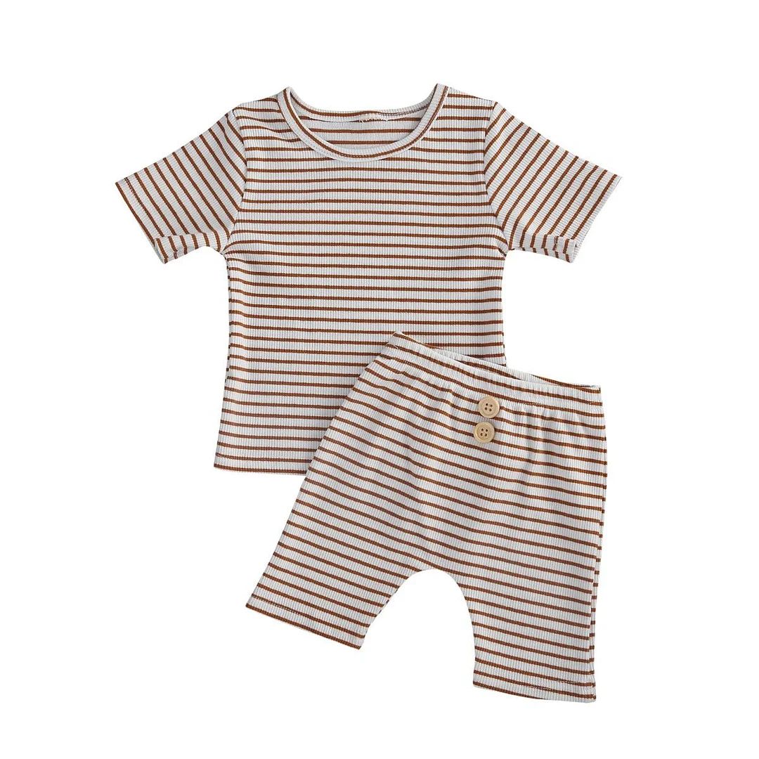 2020 Baby Summer Clothing Kids 2PCS Outfit Set Striped Ribbed Short Sleeve Classical Top Knee Length Button Pants Set