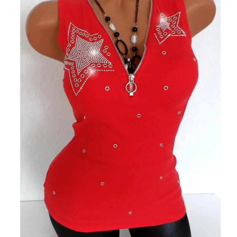 Casual  Diamonds T Shirt Women Tank Top Tee Fashion Shirts V-Neck Tshirt Summer T-Shirt Woman Zip  Tops Tees