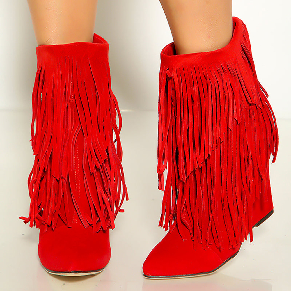 Chic Red Vegan Suede Double Layered Fringe Wedge Boots for Women Nicepairs