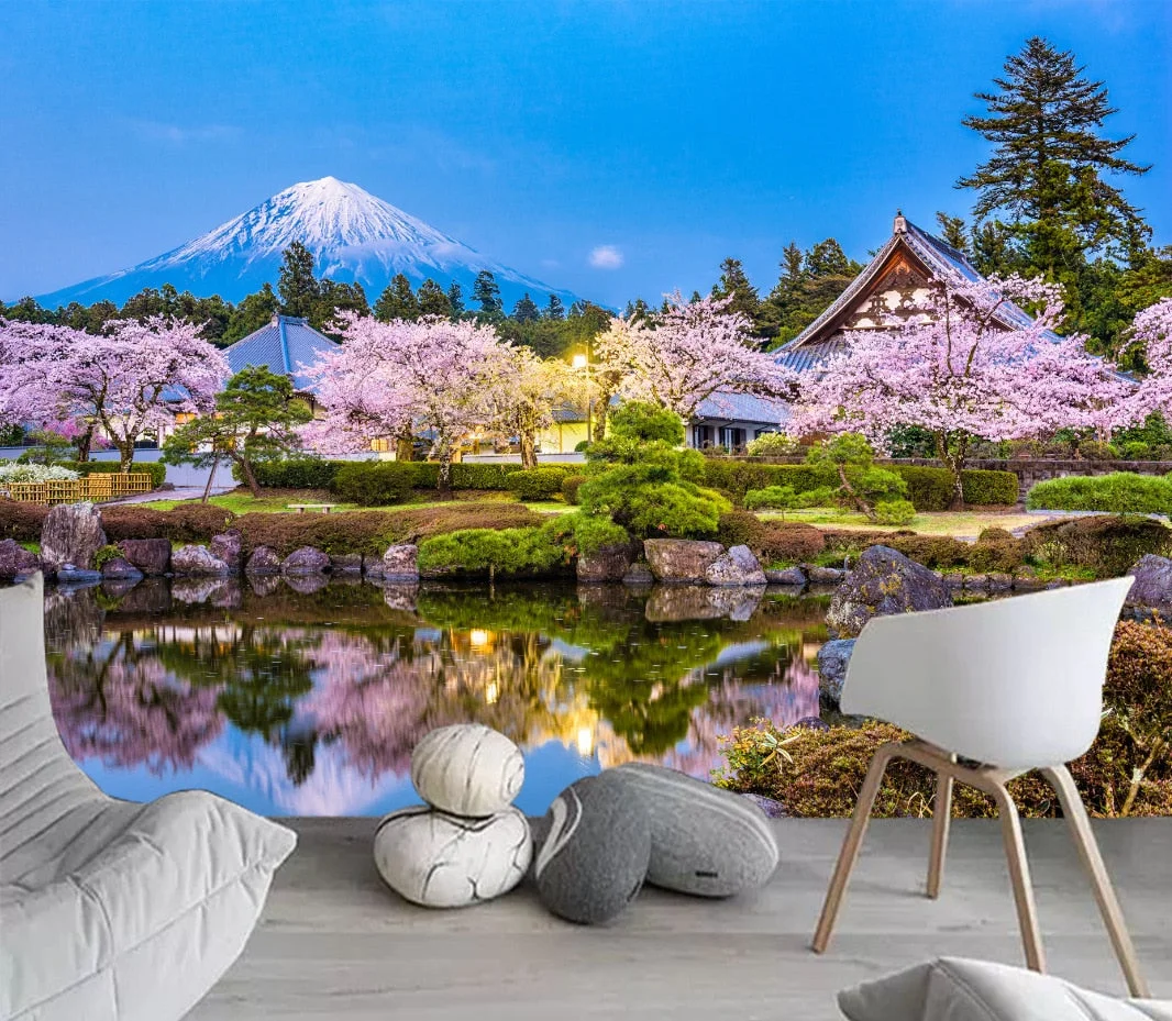 Japanese Cherry Blossoms Mount Fuji Landscape Wall Hanging Tapestry Ancient Palace With Moon Nature Scendry Home Wall Blanket