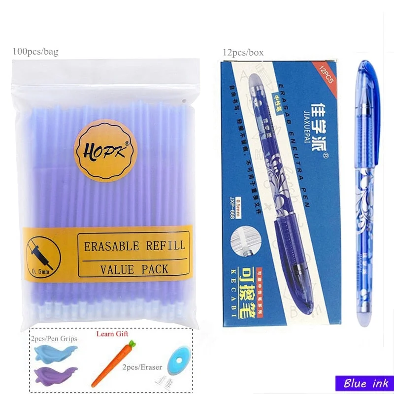 100+12Pcs/Set Erasable Gel Pen 0.5mm Blue Black Ink Erasable Pens Refill Rod Washable Handle Gel Ink Pen School Writing Statione