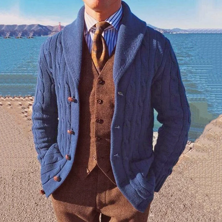 Men's Slim Long Sleeve Knit Jacket Lapel Blue Cardigan Jacket