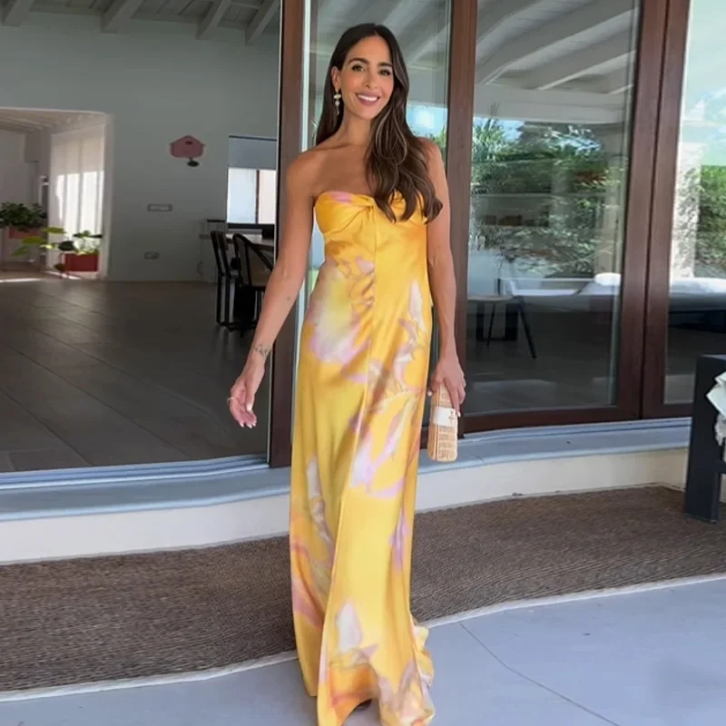 Wheelorx Elegnat Dress Women Slim Detachable Strap Sexy Robe Female Summer Print Strapless Party Sleeveless High Waist Dresses Lady