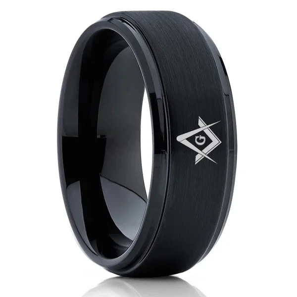 6MM 8MM Women's or Men's Tungsten Carbide Masonic Wedding Bands Black Brush Polish