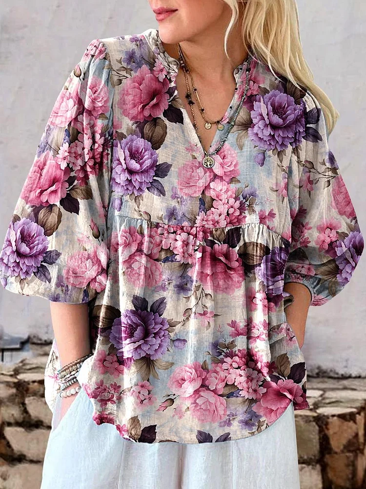 Women's Art Floral Pattern Casual Cotton Top