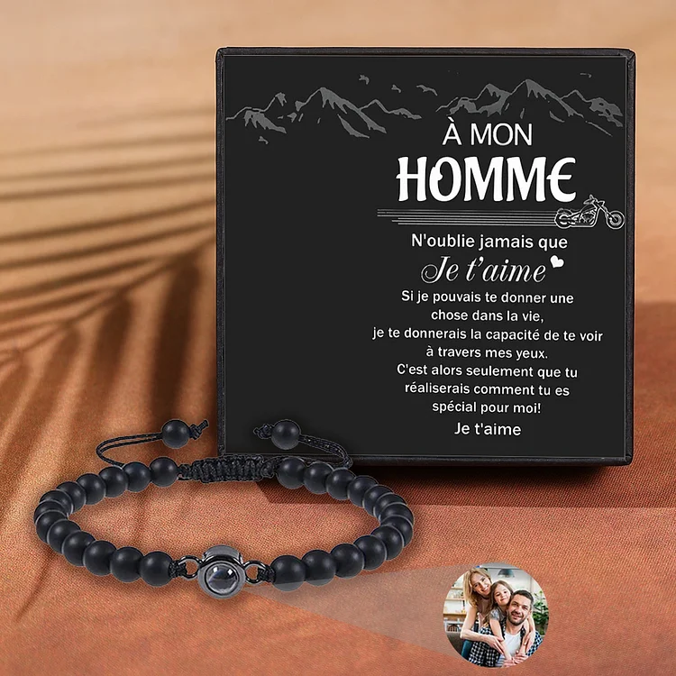 À mon Homme - Bracelet Projection de Pierre Onyx Noir avec Photo Personnalisée Jessemade FR