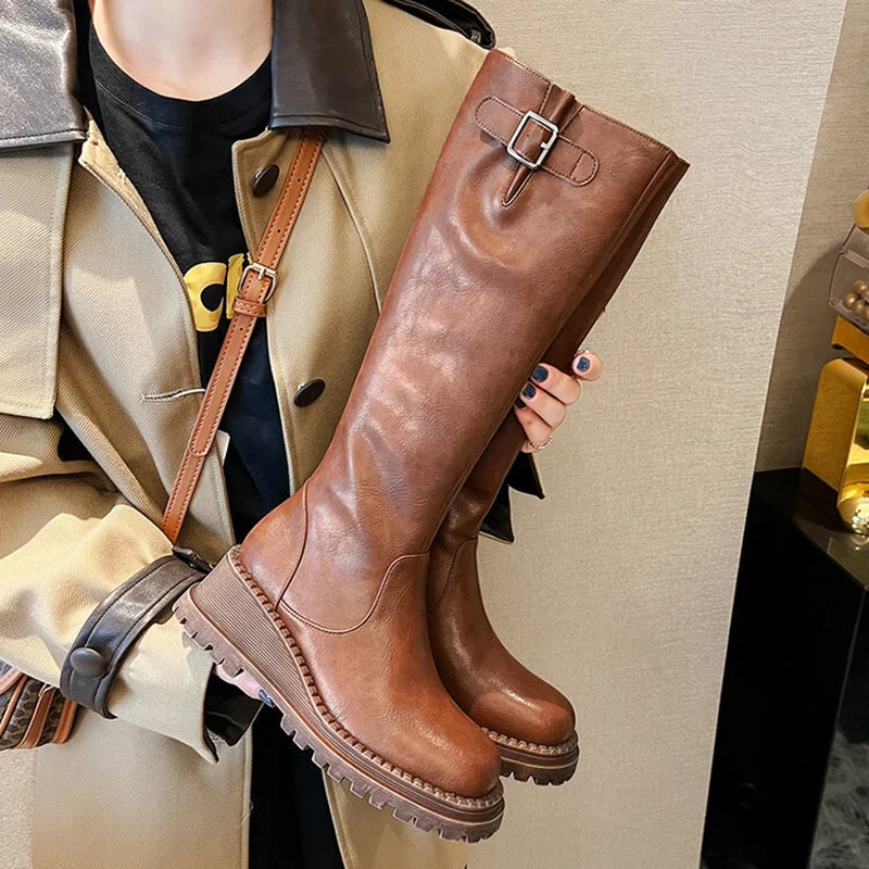 Riding Boots for Women in Black/Brown Leather - Chunky Knee High Boots