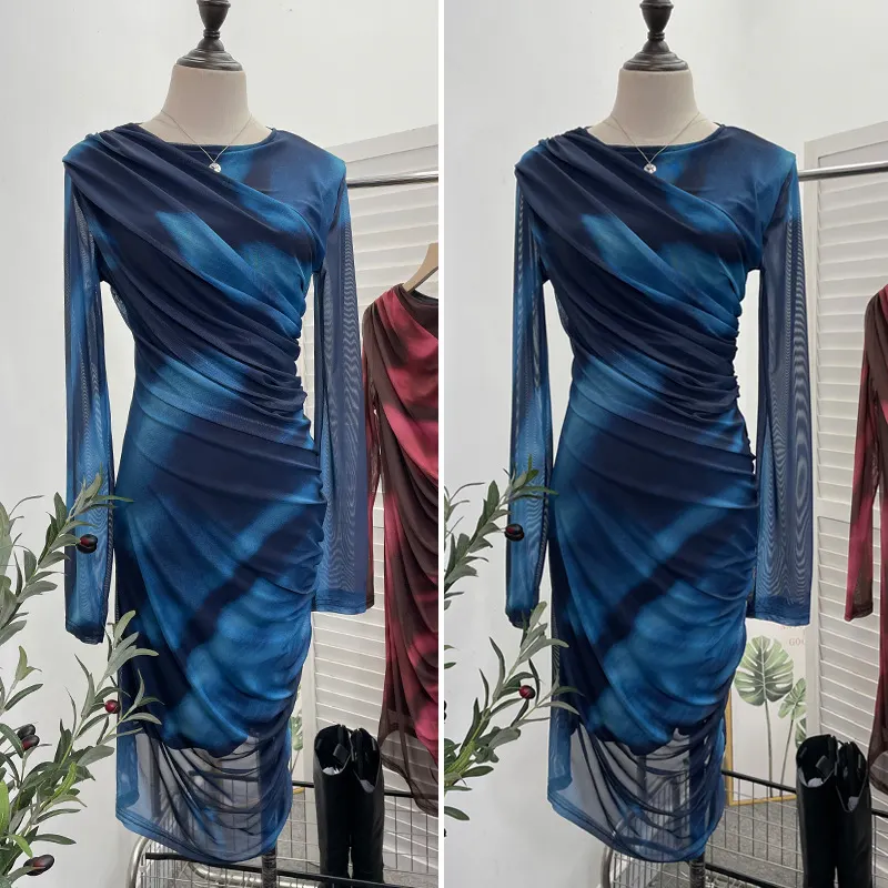 Brownm Vintage Tie-Dye Printing Irregular Folded Mesh Yarn Body-Body-Sleeve Dress 9901