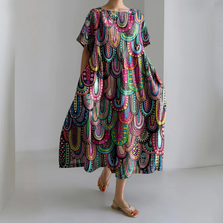 Vintage Drippy Drips Geometric Pattern Linen Blend Maxi Dress