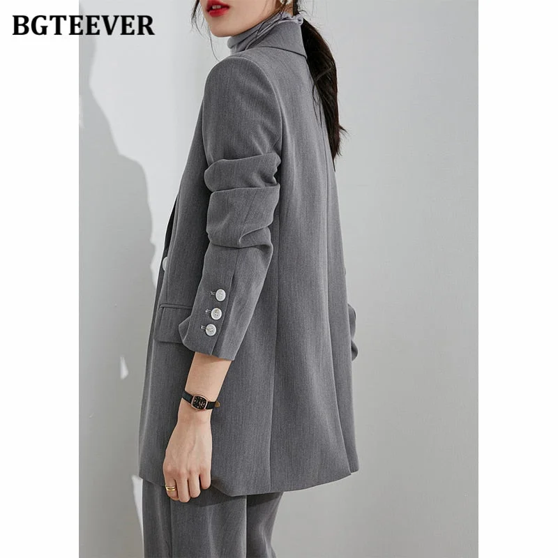 BGTEEVER 2021 Spring Office Wear Blazer Pant Suit Two Pieces Set Women One Button Suit Jacket & Wide Leg Pant Elegant Blazer Set