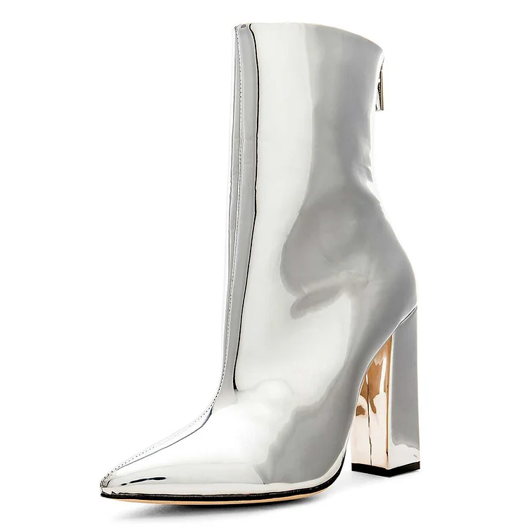 Silver Metallic Chunky Heel Ankle Boots Pointed Toe Zip Booties |FSJ Shoes