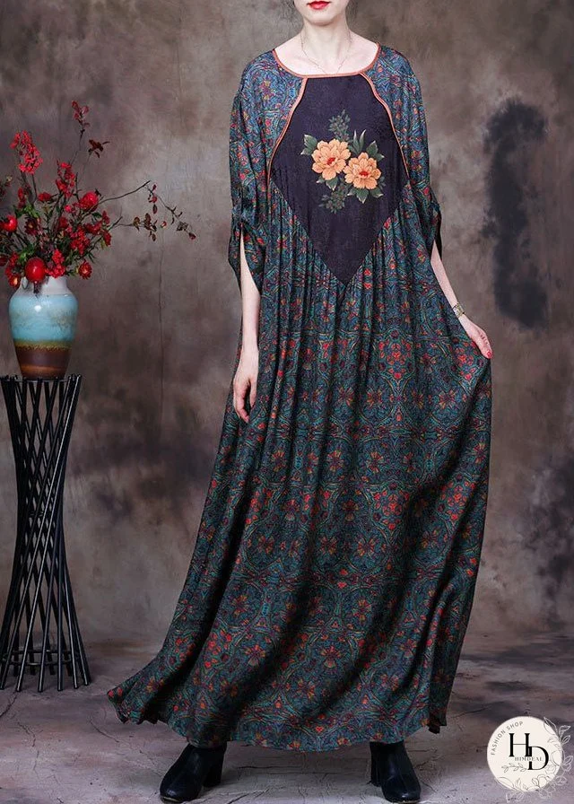 Plus Size Green O-Neck Patchwork Print Exra Large Hem Silk Maxi Dresses Long Sleeve