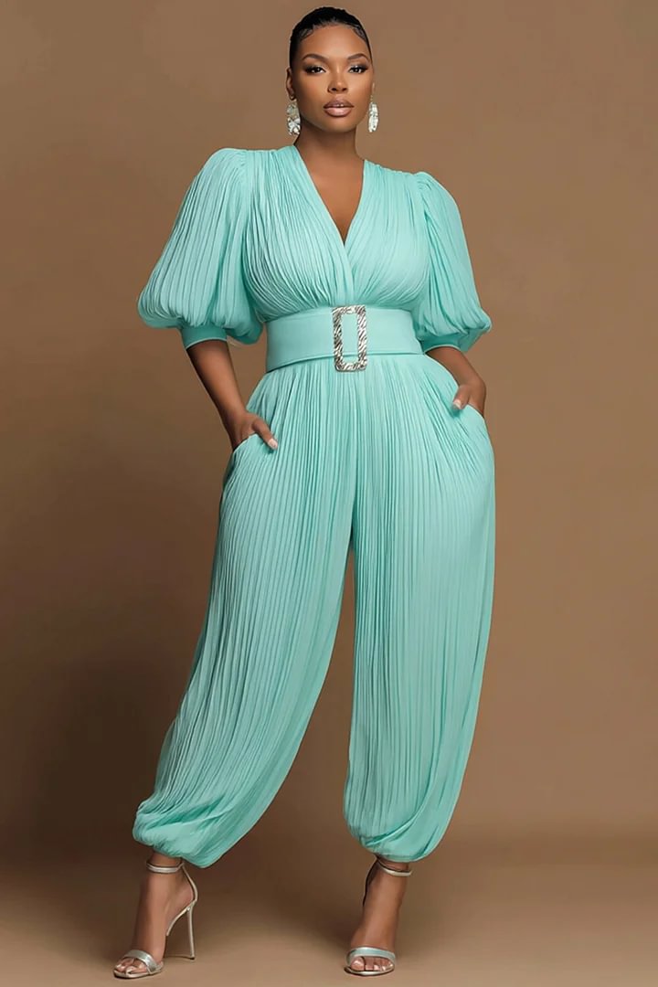 Xpluswear Design Plus Size Business Casual Blue V Neck Puff Sleeve Short Sleeve Pocket Pleated Jumpsuits 2024 - Xpluswear