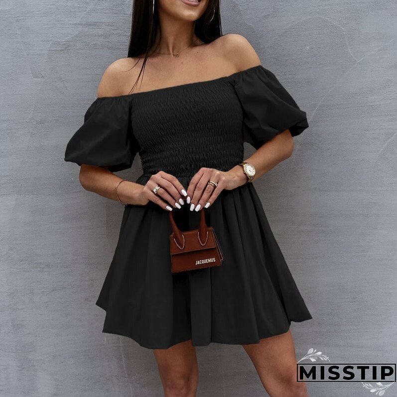 Women Elegant Puff Sleeve Mini Dress Sexy Off Shoulder Solid Party Dress Summer Sweet Lady Elastic Waist Beach Dresses Vestidos