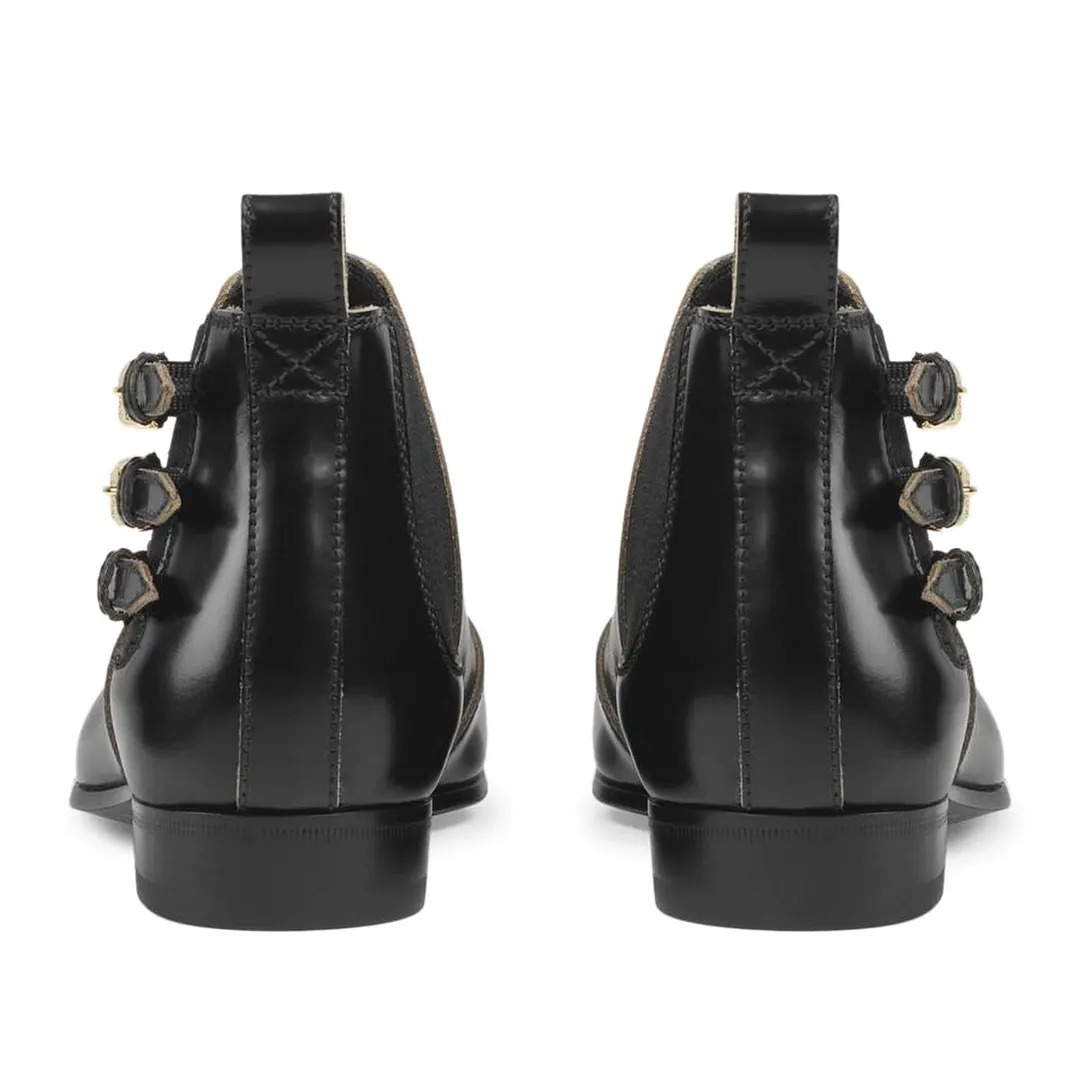 Black Pointed Toe Flat Triple Strap Buckle Short Boots for Women