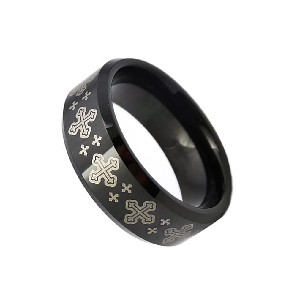 6MM 8MM Black Plated Mens Tungsten Carbide Rings Cross Laser Bevel Edge Polish Finish