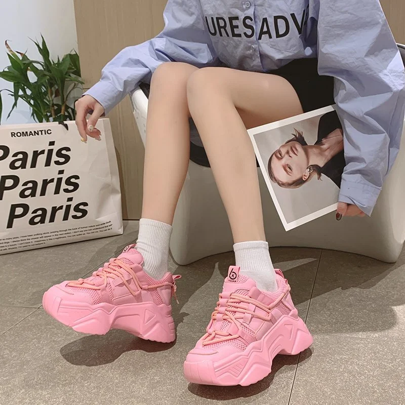 Platform Sneakers Women 2021 New Fashion Height Increasing Chunky Shoes Solid Pink Black Girls Casual Sneakers Trainers