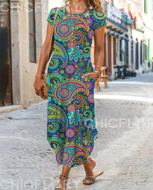 Casual Vintage Paisley Print Holiday Midi Dress