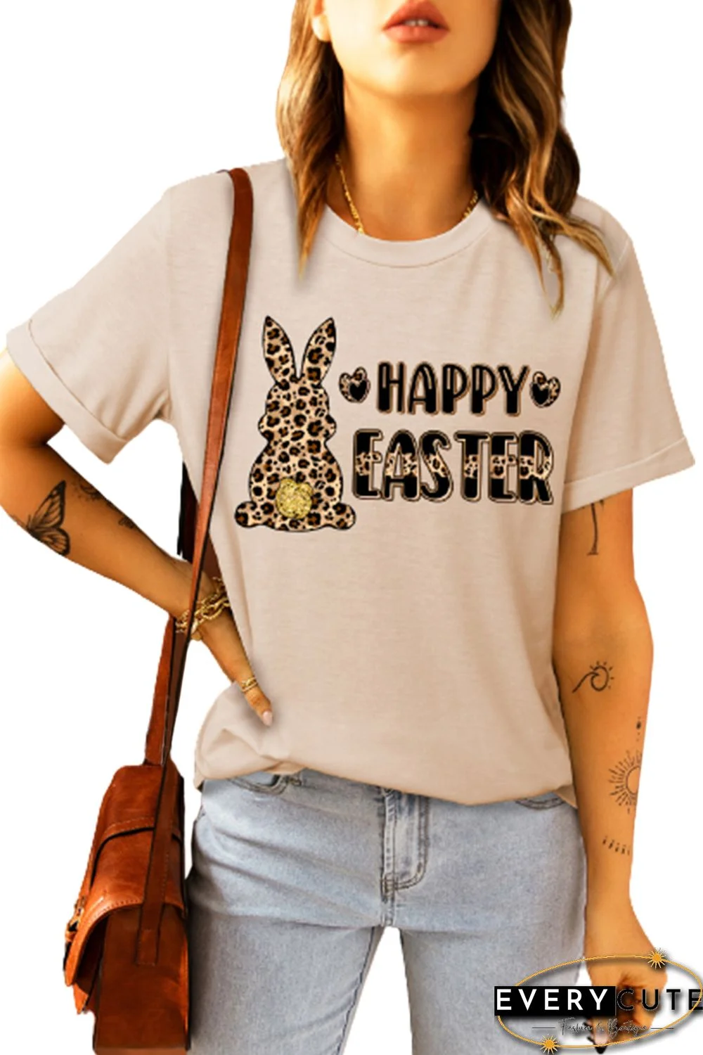 Khaki HAPPY EASTER Leopard Rabbit Graphic Tee