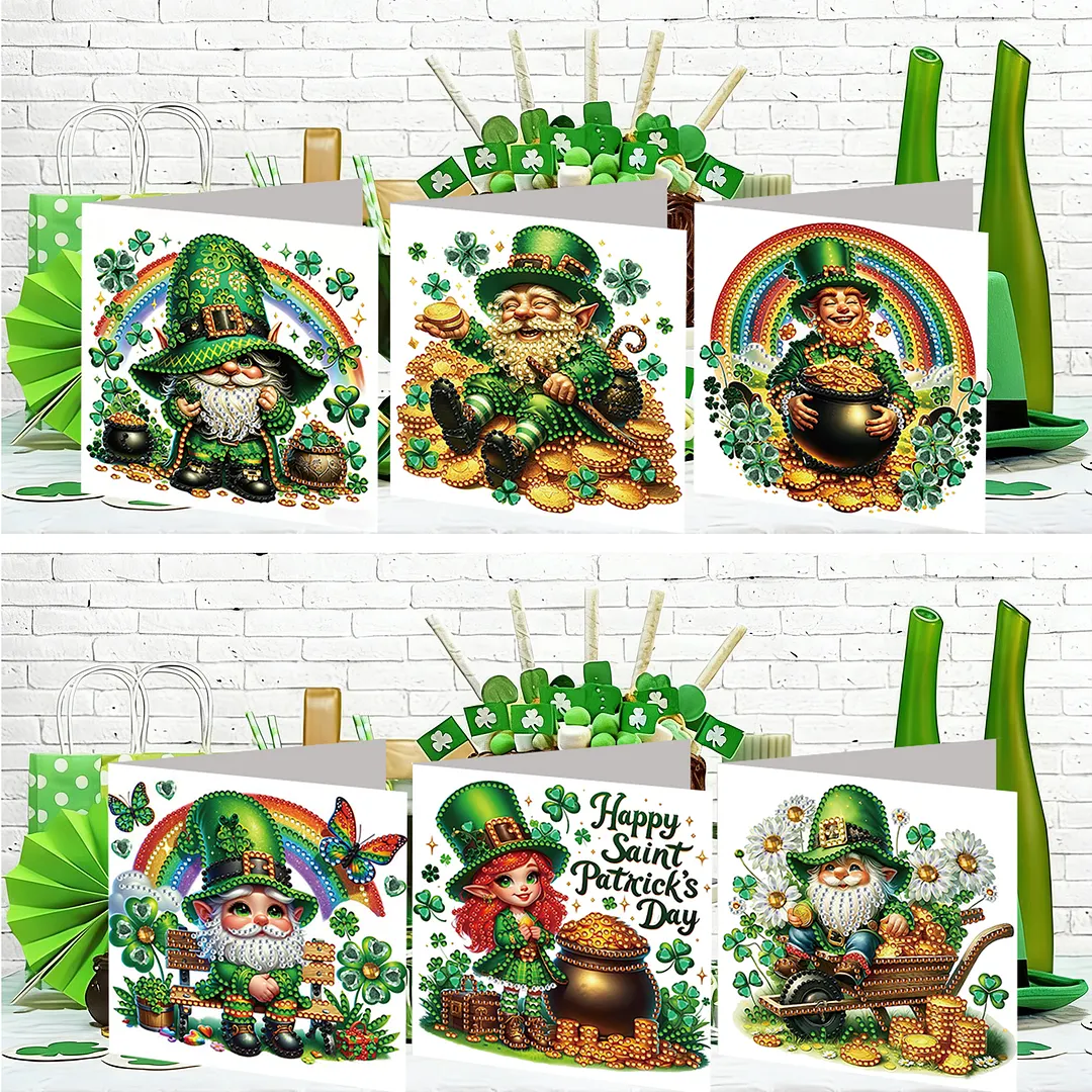 6Pcs St.Patrick Day Elves DIY Diamond Painting Greeting Card Set with Envelopes Diamond Art Handmade Cards for Beginner Adult Holiday Gifts