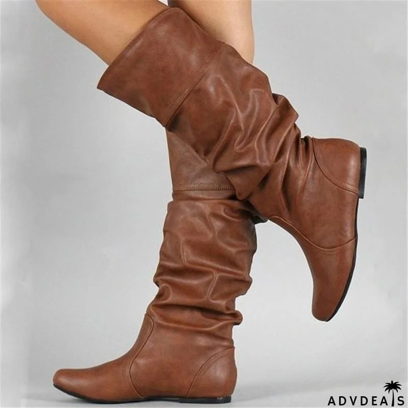 Fashion Slouch Leather Mid-Calf Flat Boots