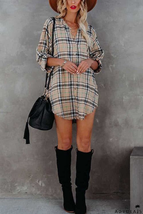 Fashion Check Long Sleeve V-Neck Shirt Dress