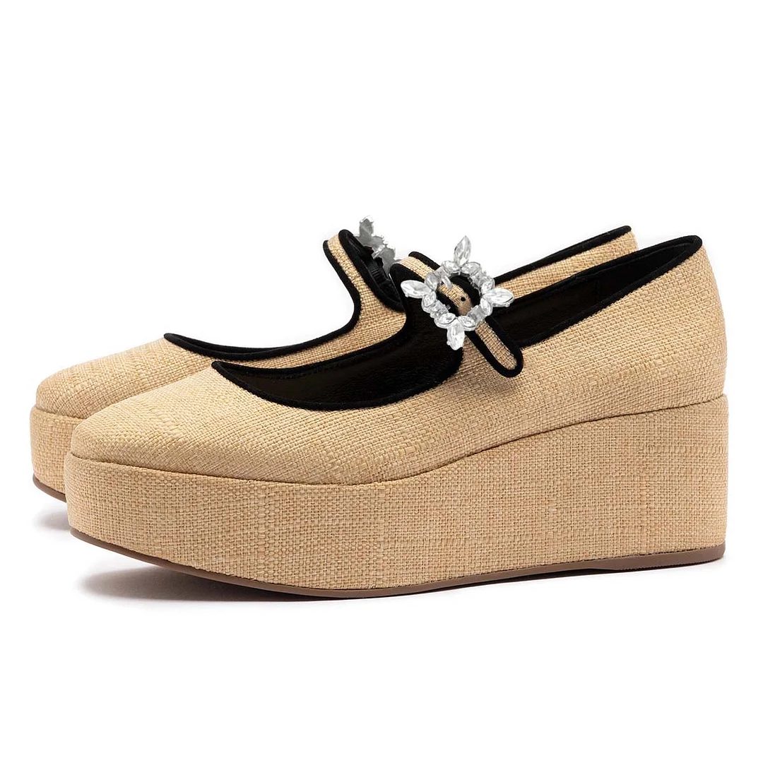 Khaki Round Toe Crystal Buckle Strap Mary Jane Platform Shoes